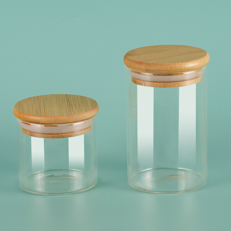 Tarro de vidrio del tanque de almacenamiento de alimentos con logotipo personalizado transparente ecológico de 100 g, 120 g, 150 g con cubierta de bambú y madera