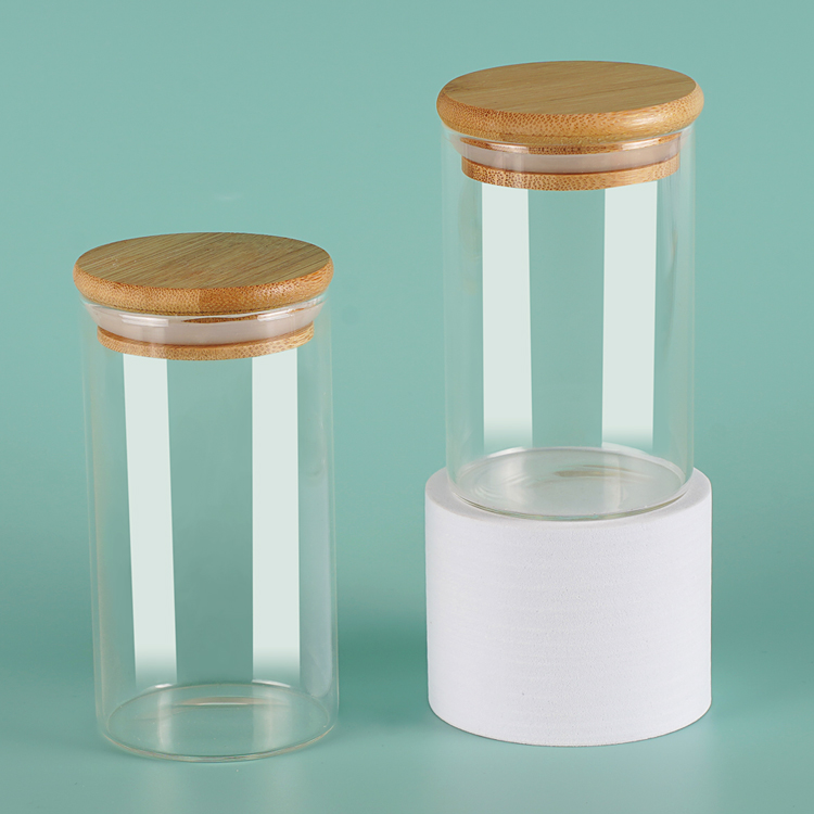Tarro de vidrio del tanque de almacenamiento de alimentos con logotipo personalizado transparente ecológico de 100 g, 120 g, 150 g con cubierta de bambú y madera